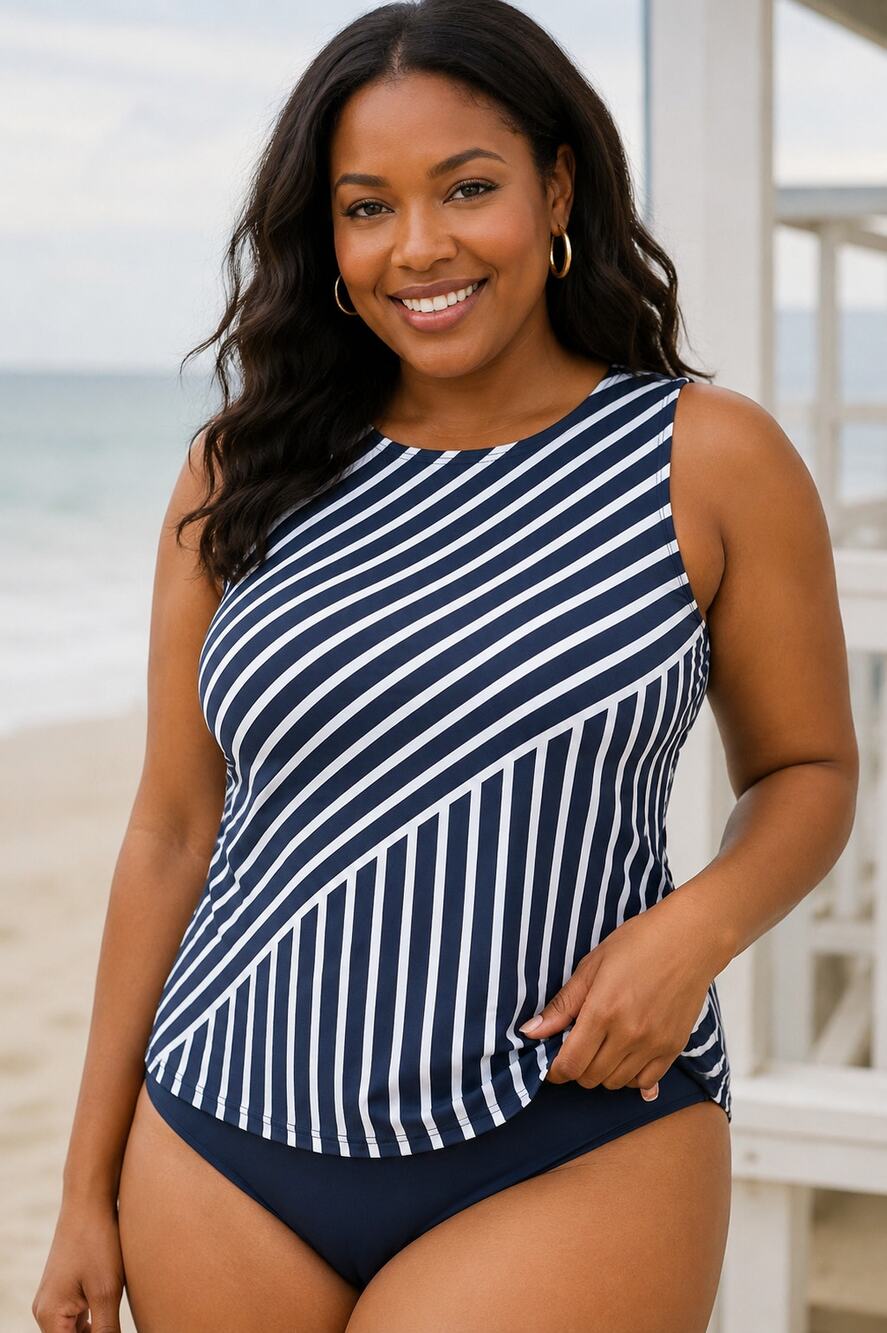 Lands' End Striped Tankini Swim Top 18DDD Underwire Shelf Bra Nautical UPF